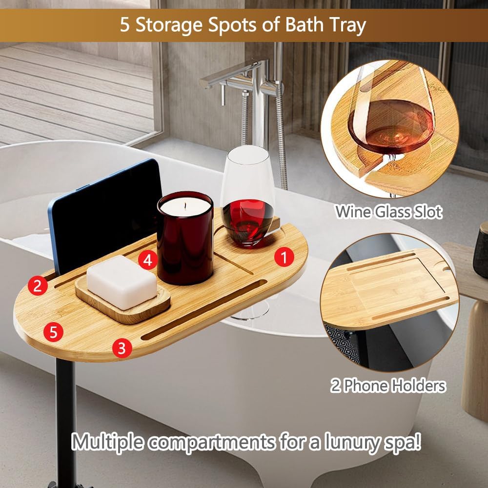 3 Layer Bathtub Tray Table,Bamboo Swivel Bathtub Side Table Height Adjustable,Freestanding Bathtub Tray for Tub Against Wall,Bathtub Accessories&Bathroom Organizer for Luxury Home Spa (Black)