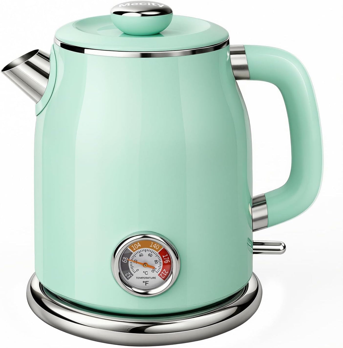 Mecity Retro Electric Kettle 1.7L, Stainless Steel Interior, Food-Grade Silicone Water Contact, Double Wall Cool Touch, 1500W Fast Boil, Thermometer (°F/°C), Wide Opening, Cream