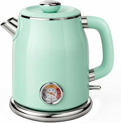 Mecity Retro Electric Kettle 1.7L, Stainless Steel Interior, Food-Grade Silicone Water Contact, Double Wall Cool Touch, 1500W Fast Boil, Thermometer (°F/°C), Wide Opening, Cream