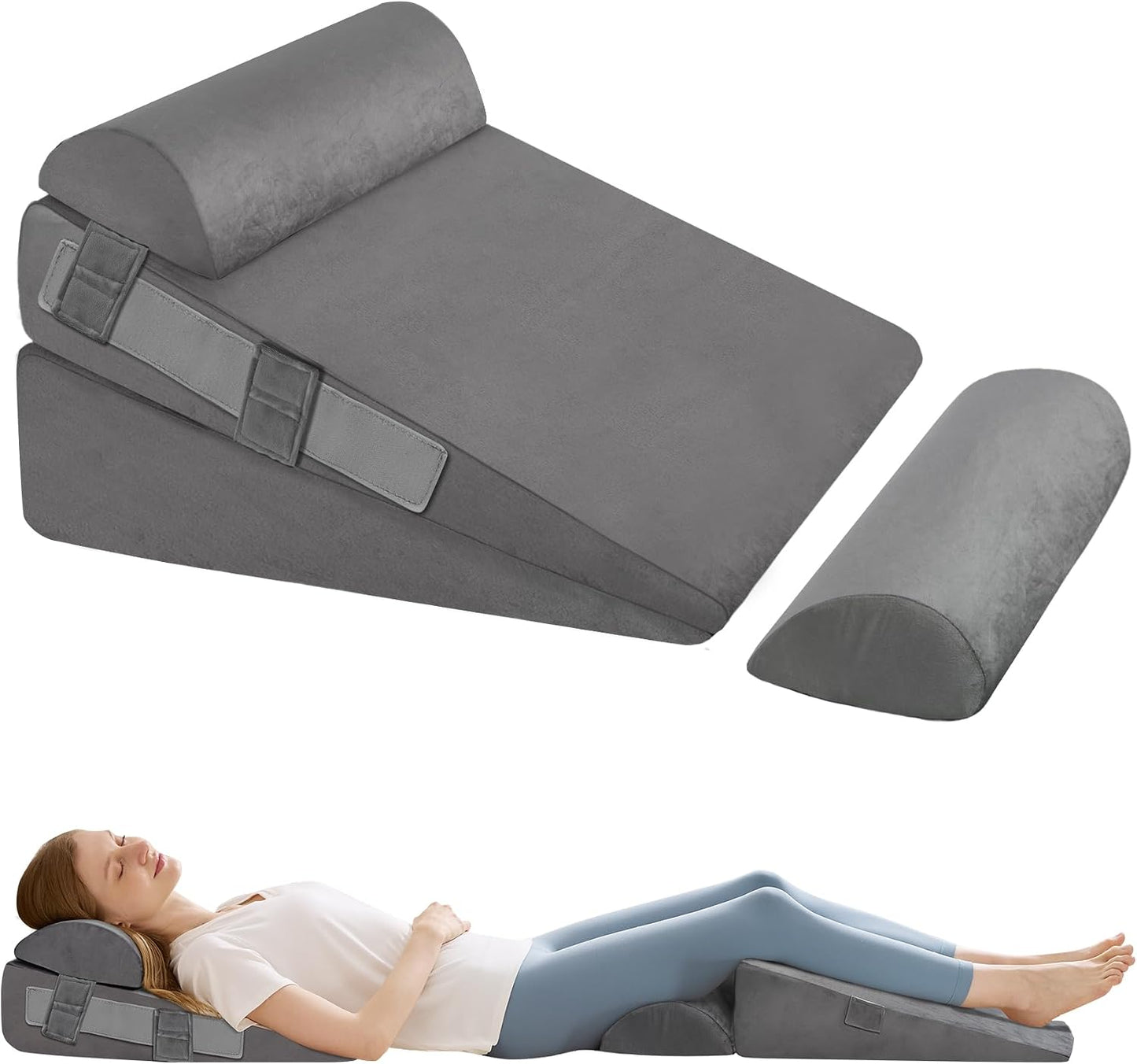 3Pcs Wedge Pillow Set for After Surgery,Acid Reflux Relief, Adjustable Bed Wedge Pillows for Sleeping,Anti Snore, Memory Foam Triangle Pillow for Back&Neck&Shoulder Pain Relief, White&Grey