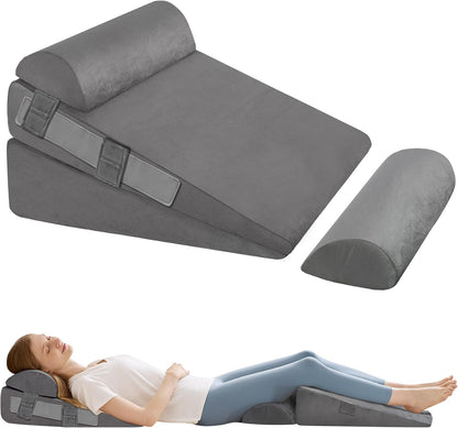 3Pcs Wedge Pillow Set for After Surgery,Acid Reflux Relief, Adjustable Bed Wedge Pillows for Sleeping,Anti Snore, Memory Foam Triangle Pillow for Back&Neck&Shoulder Pain Relief, White&Grey