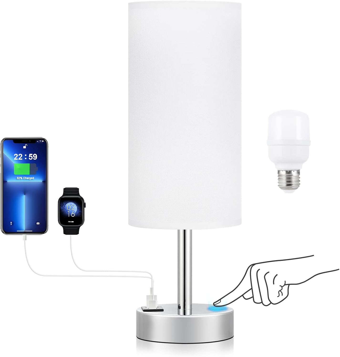 Dicoool Touch Table Lamp for Bedroom, 3 Way Dimmable Bedside Lamp with USB C & A Charging Ports - Small Desk Lamp for Dorm Room, College, Kids, Office, Living Room, White