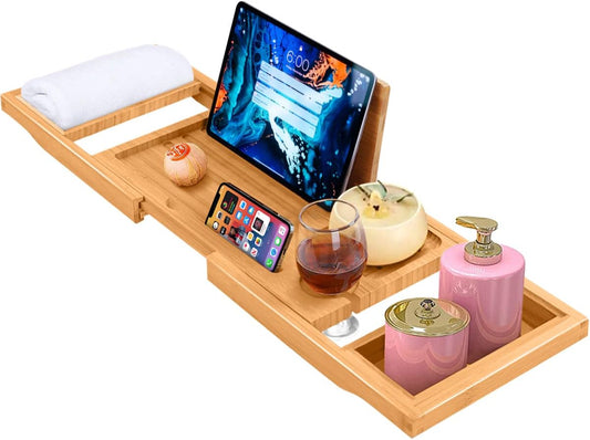 ADOV Bathtub Tray Caddy, Expandable Bamboo Bath Tray for Tub with Grips