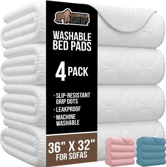 GORILLA GRIP Washable Underpads, Waterproof Reusable Heavy Absorbency Incontinence Bed Pads, Leak Proof Toddler Mattress Pad, 52x34 Slip Resistant Protector for Bedwetting, Adults and Kids, White
