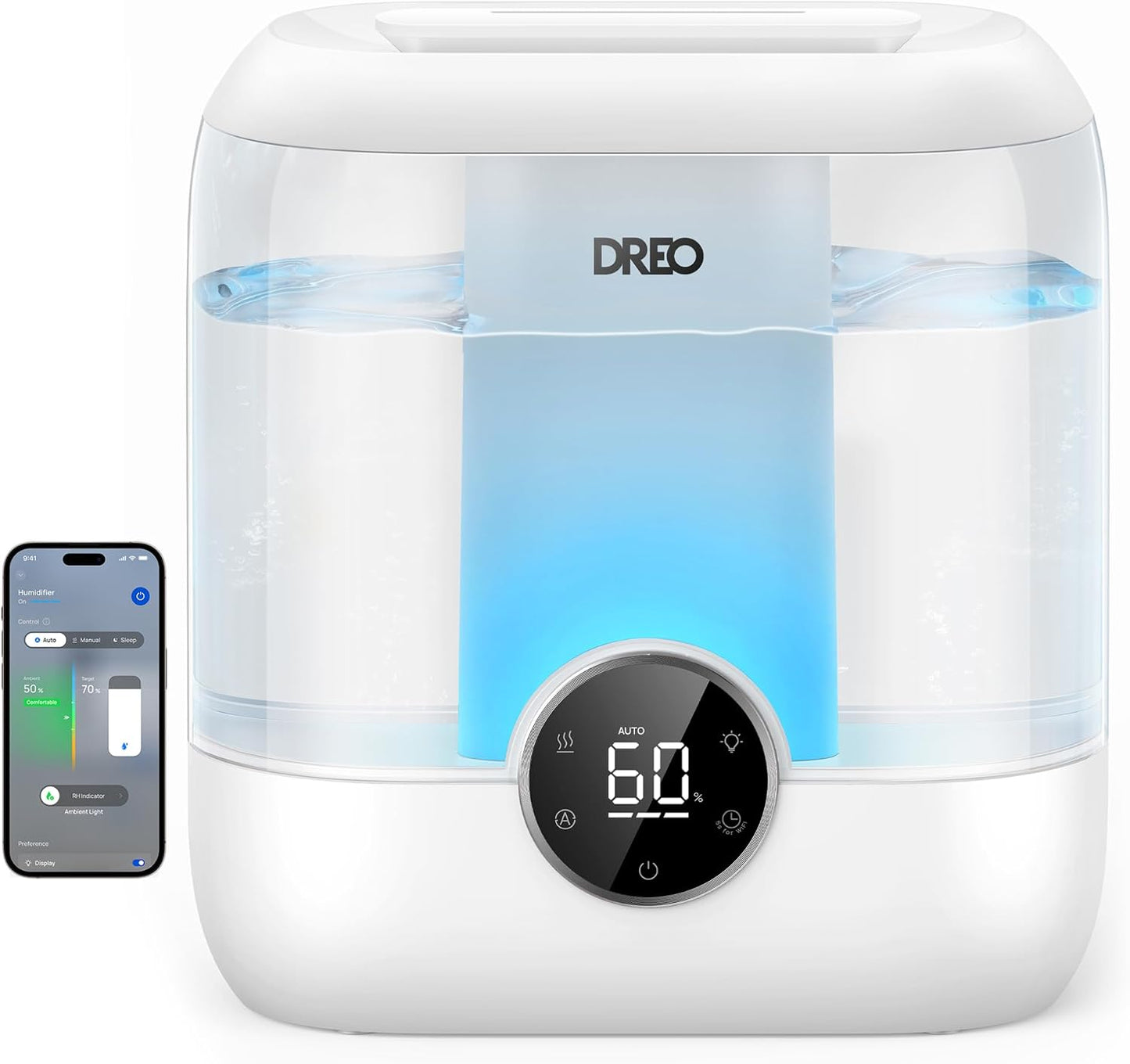 DREO Smart Humidifiers for Bedroom, 6L Top Fill Supersized Cool Mist Humidifier for Large Room, 60 Hour Runtime, Quiet Ultrasonic Humidifier for Plants, Indoor, Home, Night Light, Black