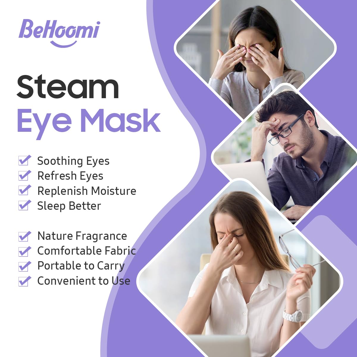 BeHoomi 30Packs Steam Eye Mask, Heated Eye Mask Warm Compress for Eyes, Self Heating Warm Eye Masks Disposable Steam Mask for Home Sleep, Spa, Travel Essentials & Relaxation Gifts (Chamomile)