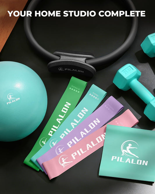 Pilates Ring Set - Studio-Grade Anti-Deformation Pilates Kit - Pilates Equipment for Home Workout - 14'' Pilates Ring, Pilates Ball, 2 Dumbbells, 5 Resistance Bands for Toning Arms, Thighs