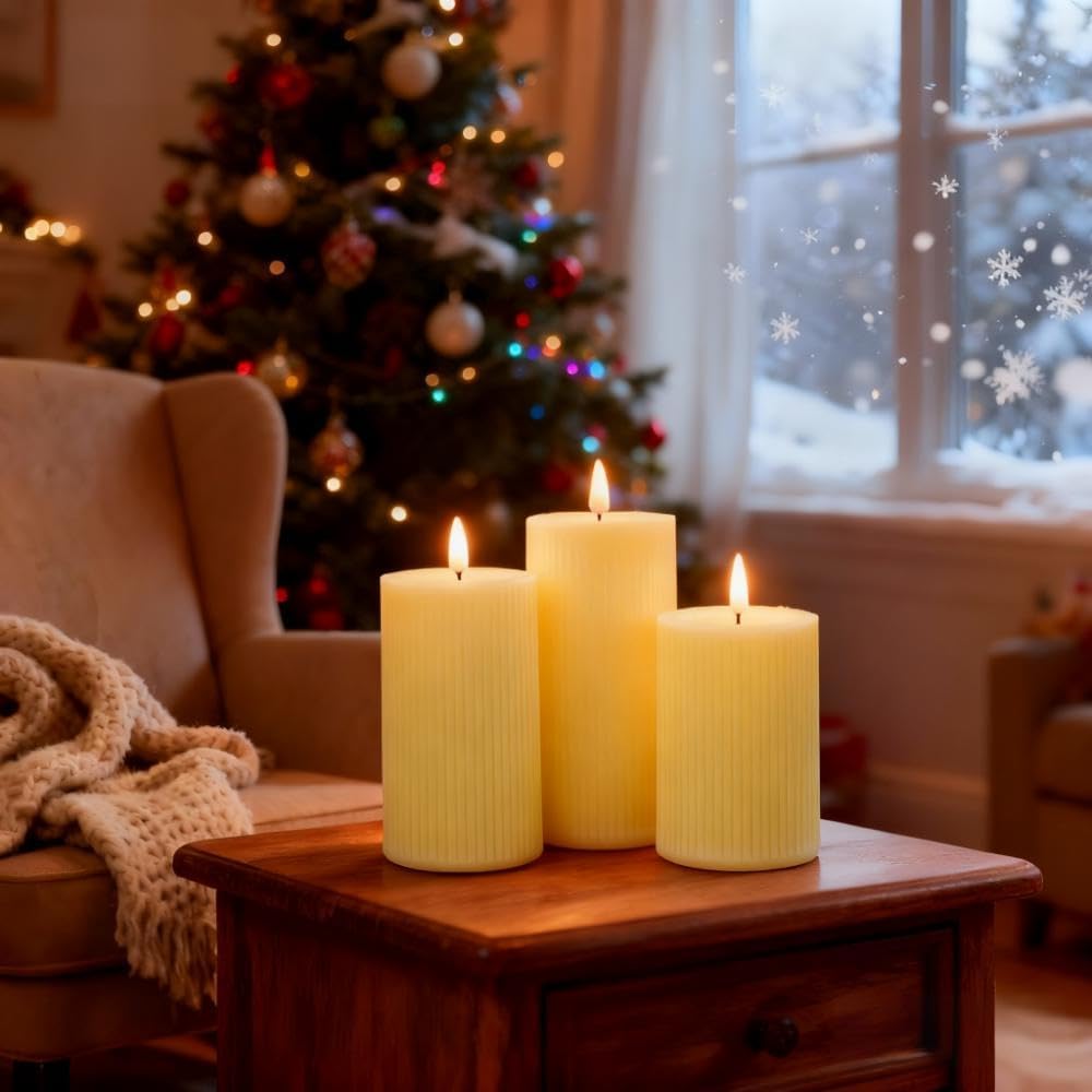 ANGELLOONG Flickering Flameless Candles, Realistic Battery Operated Candles with Remote and Timer, Set of 3 LED Candles for Fall Room Home Wedding Decor Centerpieces Table Party Christmas Decorations