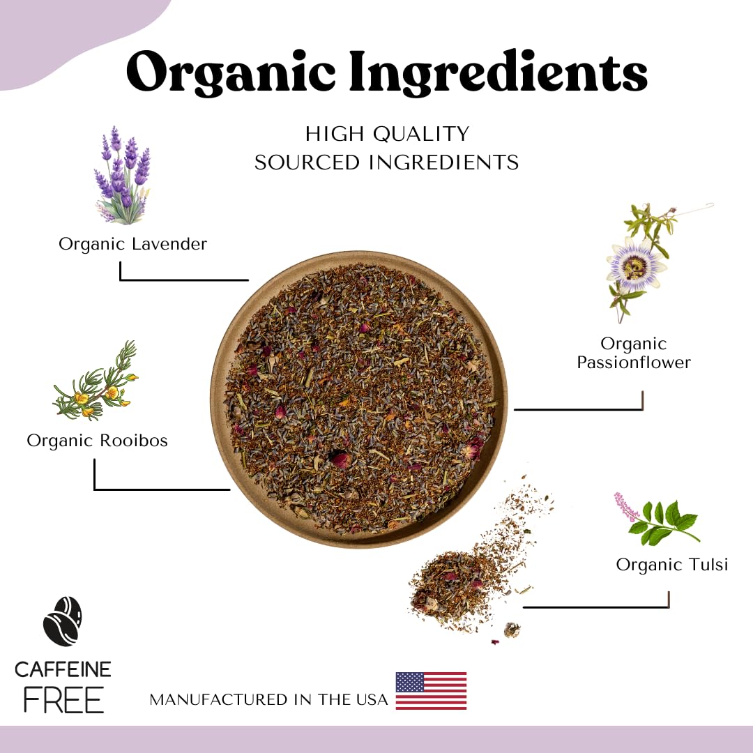 Organic Lavender Tea Loose Leaf Tea Bags – Sleep Tea, Passion Flower Tea, Calming Tea, Nighttime Tea, Relaxing Tea, Tulsi, Stress Tea, Caffeine Free AIP Bedtime Herbal Blend