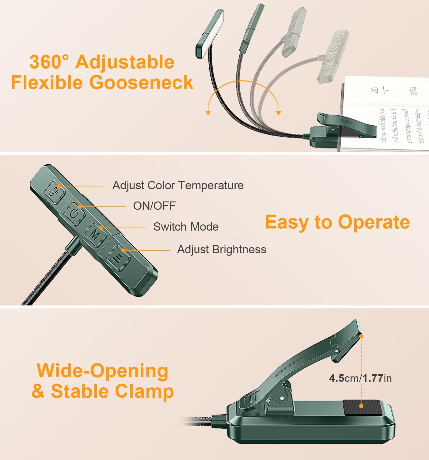 Gritin 2026 Gen 2 Book Light for Reading- 32 Eye Caring Full Spectrum LED | 5 Colors & 5 Brightness, Adjustable Wide/Narrow Beam, Upgrade 1500mAh Long-Lasting Rechargeable Clip on Light for Book Lovers