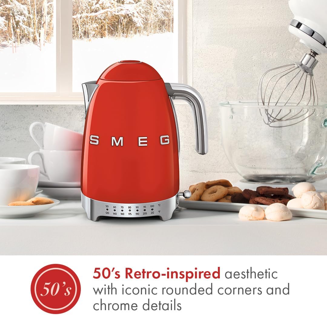 SMEG Variable Temperature Electric Kettle 1.7L (7 Cup), Stainless Steel Tea & Coffee Kettle, Fast Boil, Adjustable Temp 122°F–212°F, Keep Warm, Auto Shut-Off, 360° Base, Retro Style-Black