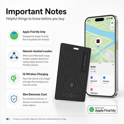 Air Tag Wallet Tracker Card, Rechargeable with Wireless Charging, Works with Apple Find My (iOS Only), Apple MFi Certified, IP67 Waterproof Item Finder for Wallet, Passport & Luggage