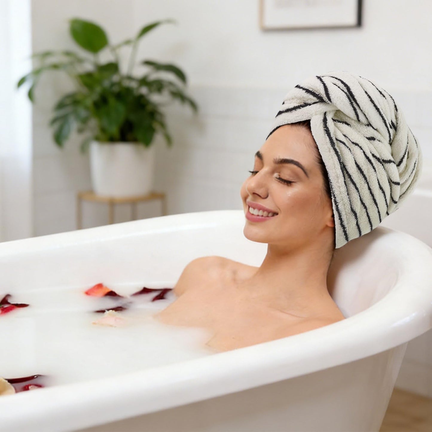 Jacquotha Cotton Hair Towel Wrap for Women (Black & White Striped) – Anti-Frizz Absorbent Quick Drying Hair Turban for Wet Hair, 25” x 9.5”, 1 Pack