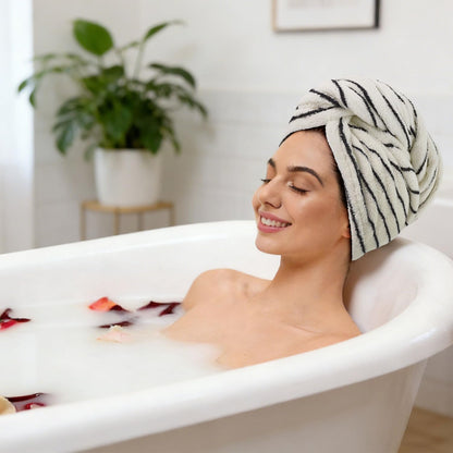 Jacquotha Cotton Hair Towel Wrap for Women (Black & White Striped) – Anti-Frizz Absorbent Quick Drying Hair Turban for Wet Hair, 25” x 9.5”, 1 Pack