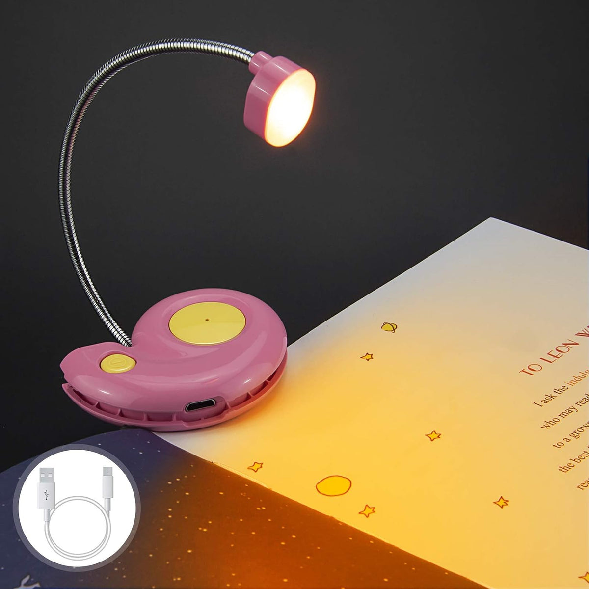 Kids Rechargeable Book Light, Clip on Reading Light for Kid, Kids Reading Lights, Amber Book Light for Reading in Bed, 2 Lighting Modes, Blue Light Blocking, Bookmark Light for Bookworms-Pink