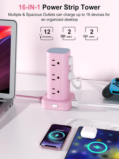 6FT Power Strip Tower Surge Protector, 12 Wide Spaced Outlets, 4 USB