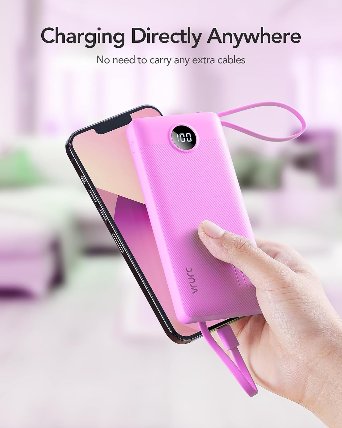 VRURC Portable Charger, Slim Power Bank Built-in 4 Cables, Travel Essential