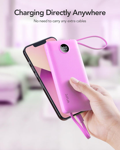 VRURC Portable Charger, Slim Power Bank Built-in 4 Cables, Travel Essential
