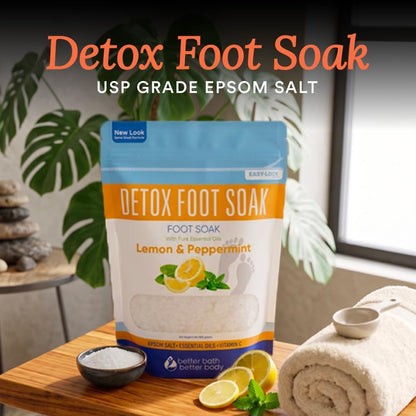 Detox Foot Soak Salts 32 Ounces with Lemon, Peppermint, Lavender Frankincense Essential Oils BPA Free Pouch with Easy Press-Lock Seal Soothe Athletes Foot, Soften Calluses, Relax Tired Feet