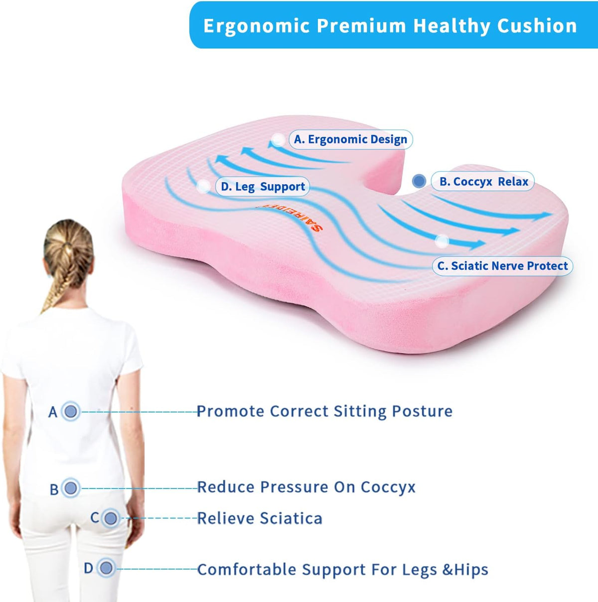 SAIREIDER Office Chair Cushion, Car Seat Cushion, Memory Foam Coccyx Cushion Pads for Tailbone Pain, Sciatica Relief Pillow, Correct Sitting Posture (Black)