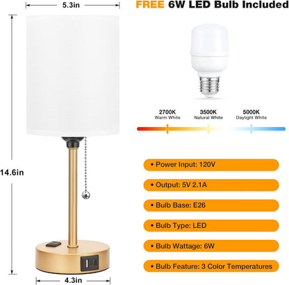Small Bedside Table lamp for Bedroom - 3 Color Temperatures Bedside Lamps with USB C and A Ports, Pull Chain Table Lamps with AC Outlet, White Nightstand Lamps with Black Metal Base for Kids Reading