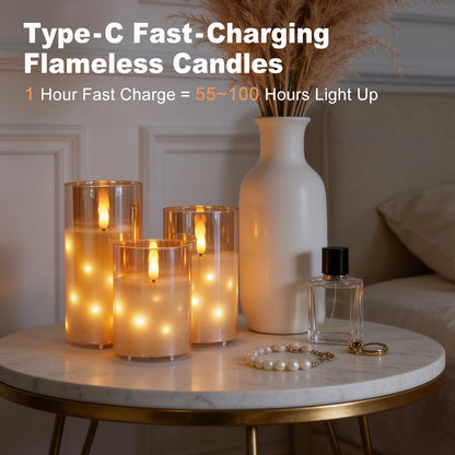 LEDHOLYT Rechargeable Flameless Glass Pillar Candles–Gifts for Women,–Set of 3, Realistic Flickering LED Flame,Remote & Timer, Ideal for Living Room, Bedroom & Halloween Festival Home Party Decor
