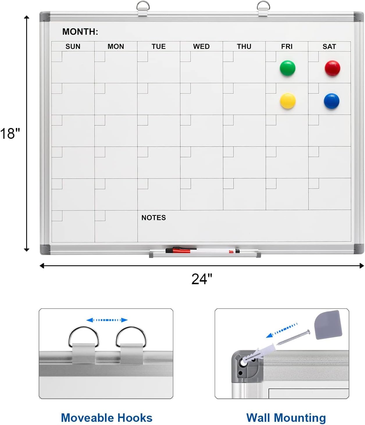 Comix Magnetic Monthly Calendar Whiteboard, 24 x 18 Inches Wall Planner
