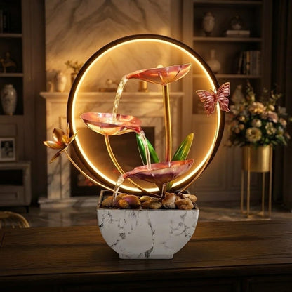 11‘’ H Pink Tabletop Water Fountain, Zen Desktop Waterfall, Indoor Lotus Desktop Decorative Fountain, Home Bathroom Bedroom Decor.