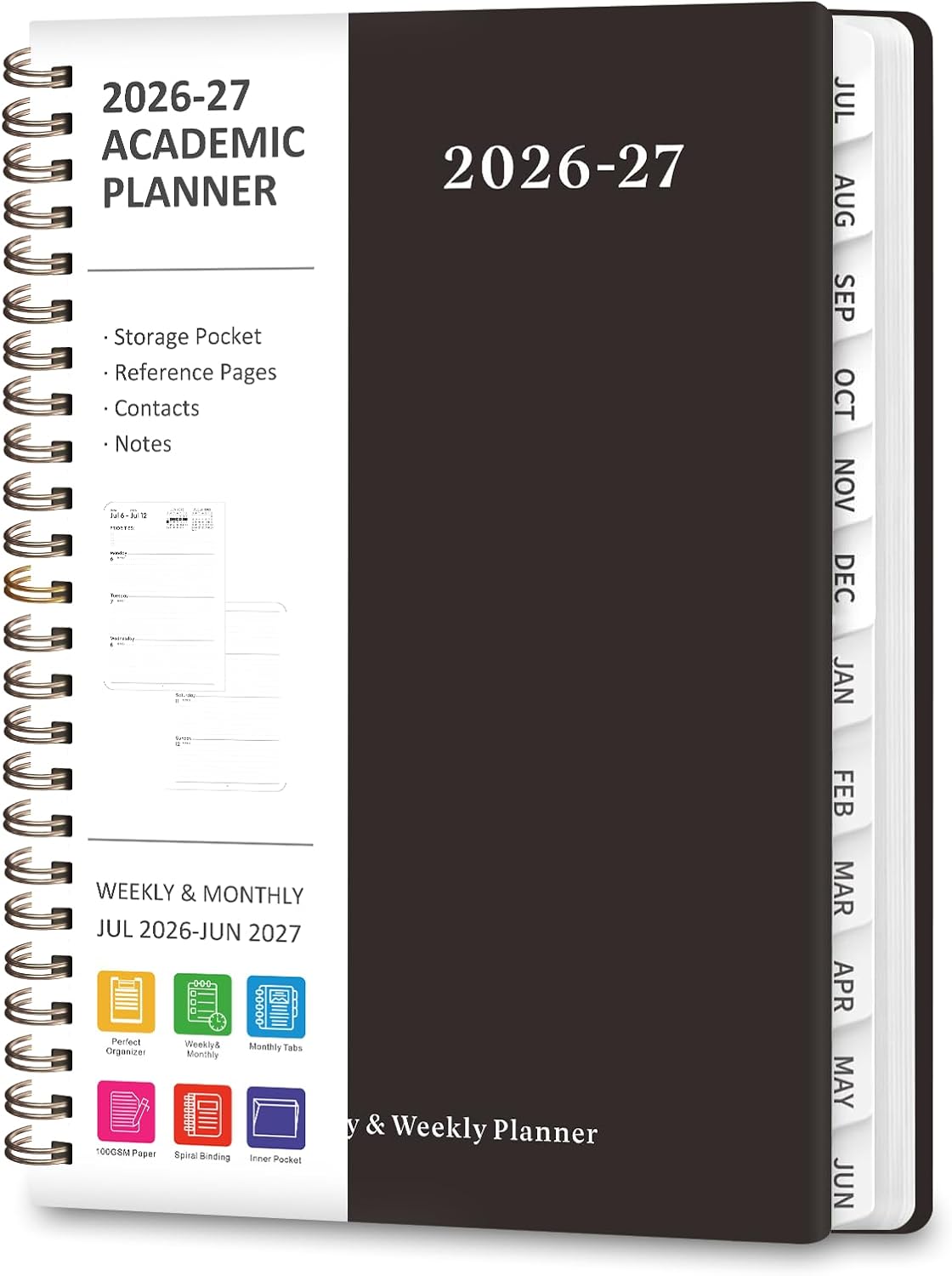 Planner 2026-2027, Weekly and Monthly Calendar Planner, JUL 2026 - JUN 2027 | Academic Year, Daily Agenda Book, A5(6.3'' x 8.5''), Sprial Bound, Inner Pocket, Office School Use