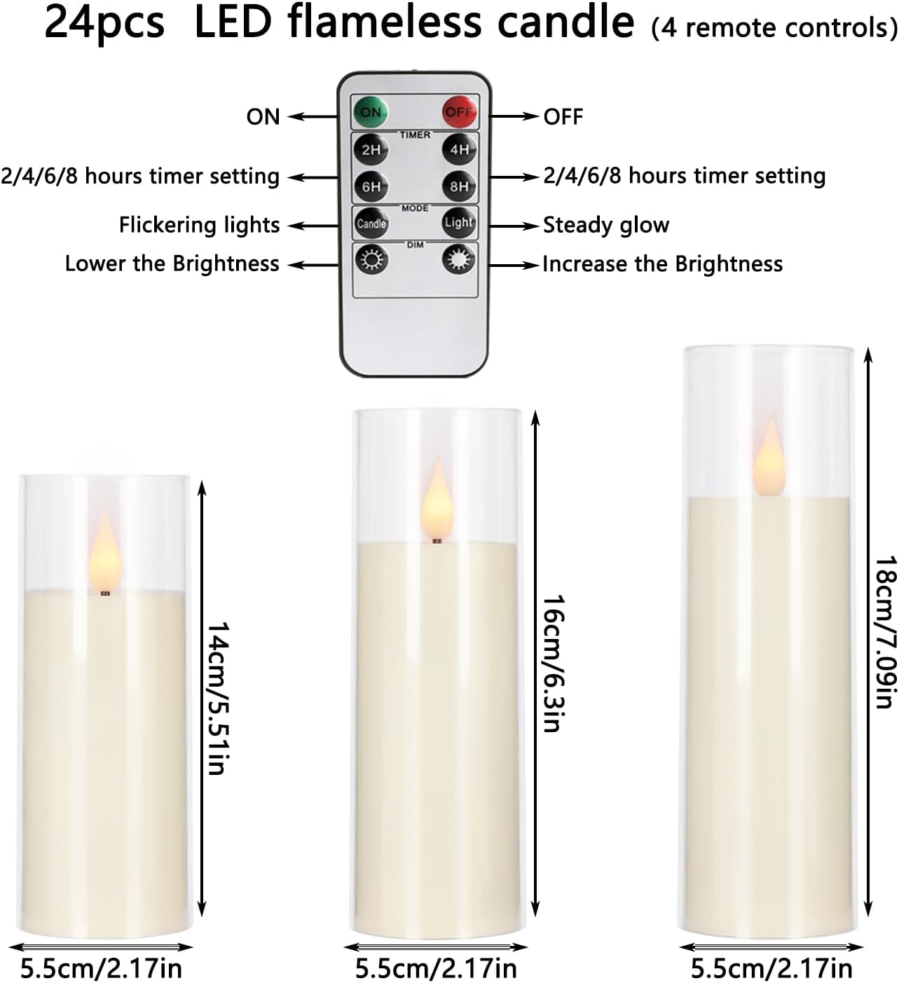 24 Pcs LED Flameless Candles with Remote, 3D Flickering Flame & LED String Lights, Acrylic Clear Cylinder, Timer Function, Romantic Ambience for Home Decor, Party, Wedding (Ivory).