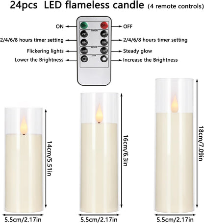 24 Pcs LED Flameless Candles with Remote, 3D Flickering Flame & LED String Lights, Acrylic Clear Cylinder, Timer Function, Romantic Ambience for Home Decor, Party, Wedding (Ivory).
