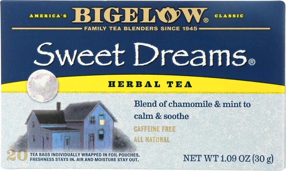 Bigelow Sweet Dreams Herbal Tea 28-Count Box (Pack of 1) Relaxing Blend of Chamomile & Mint Caffeine-Free Nighttime Herbal Tea in Individual Foil-Wrapped Bags