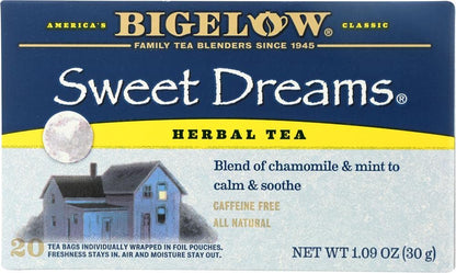 Bigelow Sweet Dreams Herbal Tea 28-Count Box (Pack of 1) Relaxing Blend of Chamomile & Mint Caffeine-Free Nighttime Herbal Tea in Individual Foil-Wrapped Bags