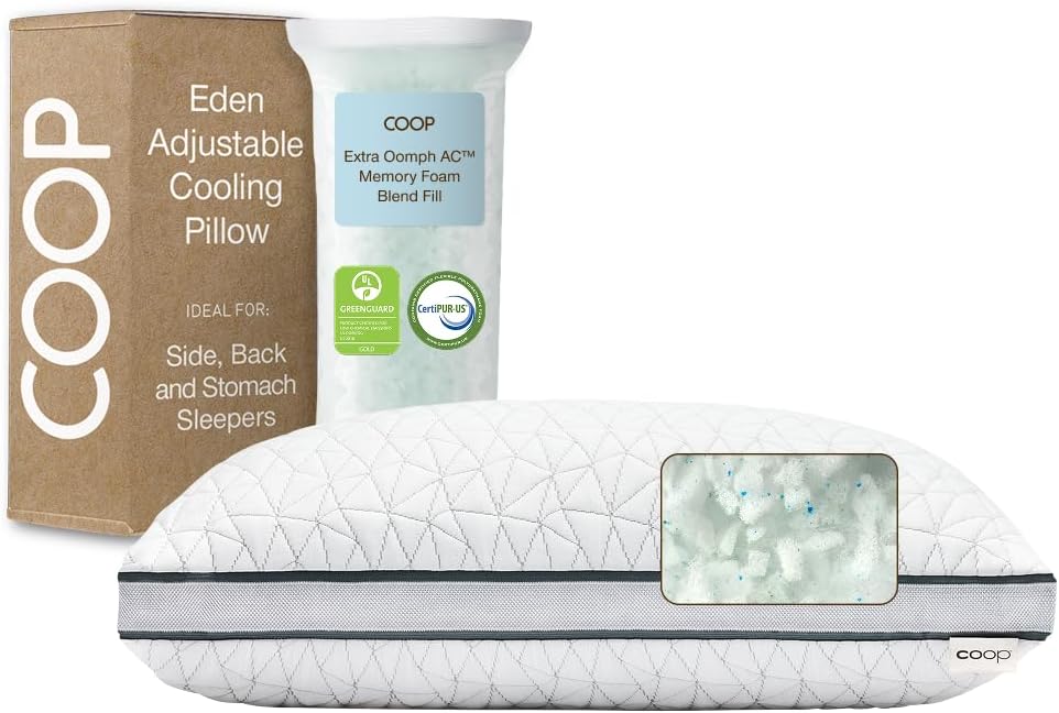 Coop Home Goods Cool+ Adjustable Pillow, Queen Size Plus Shaped Memory Foam Pillows with Cooling Gel, Back, Stomach or Side Sleeper, Neck Support for Sleeping, CertiPUR-US/GREENGUARD Gold