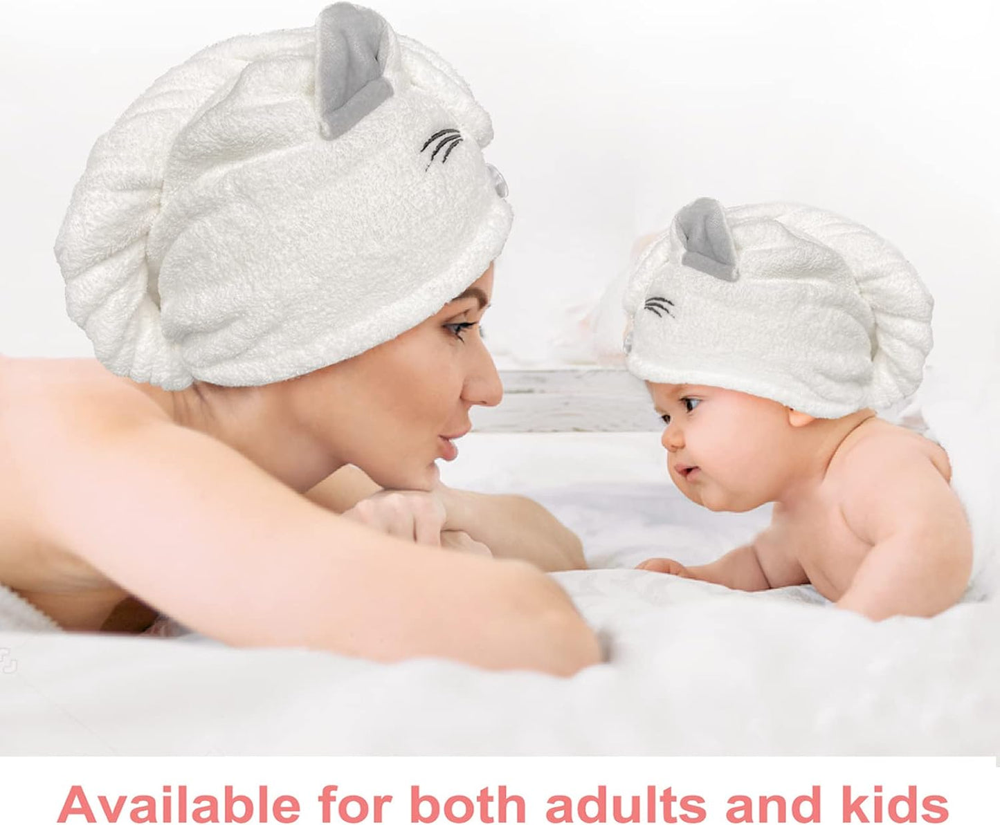 Kids Hair Towel wrap for Girls with cat Ear,Microfiber Hair Towel Quick Drying Hair for Women and Kid Girls,Super Absorbent Quick Dry Bath Shower Dry Head Turban with Button