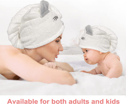 Kids Hair Towel wrap for Girls with cat Ear,Microfiber Hair Towel Quick Drying Hair for Women and Kid Girls,Super Absorbent Quick Dry Bath Shower Dry Head Turban with Button