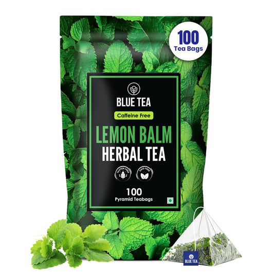 BLUE TEA - Lemon Balm Tea - 100 Count - Plant Based Tea Bag | RELIEVES STRESS - IMPROVES DIGESTION | Reduces Bloating | Refreshing Citrus Flavour - Leaf Based - Caffeine Free | Ziplock Pouch