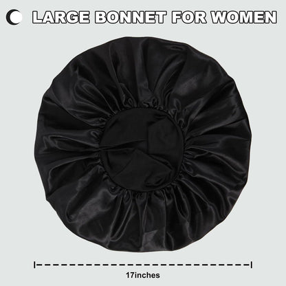 Extra Large Satin Bonnet Hair Cap for Women Men | 17inches, Jumbo Silk Sleep Cap, Wide Elastic Band for Braids Curly Hair Locs, Black