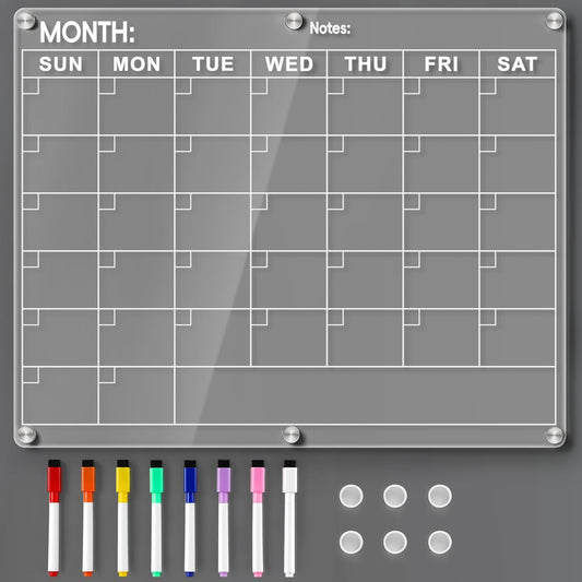 4 Pack Acrylic Magnetic Calendar for Refrigerator Set, Clear Monthly Weekly Daily Dry Erase Whiteboard for Fridge with 8 Color Markers, Meal Planner, Menu Board, Home Decor