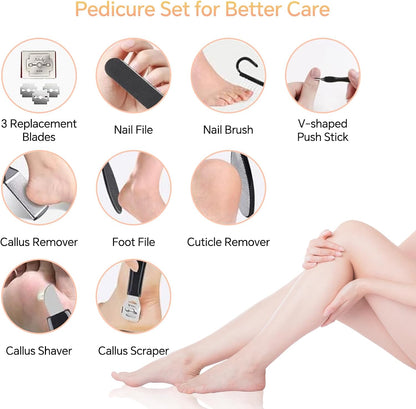 Electric Foot Callus Remover Rechargeable - 12 in 1 Pedicure Kit with 3 Rollers, Portable Foot File Scrubber for Dead Skin Removal, Waterproof & Painless, Home Foot Care Tool (5680-pink)