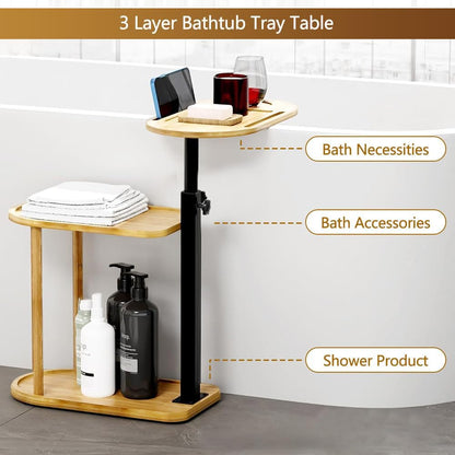 3 Layer Bathtub Tray Table,Bamboo Swivel Bathtub Side Table Height Adjustable,Freestanding Bathtub Tray for Tub Against Wall,Bathtub Accessories&Bathroom Organizer for Luxury Home Spa (Black)
