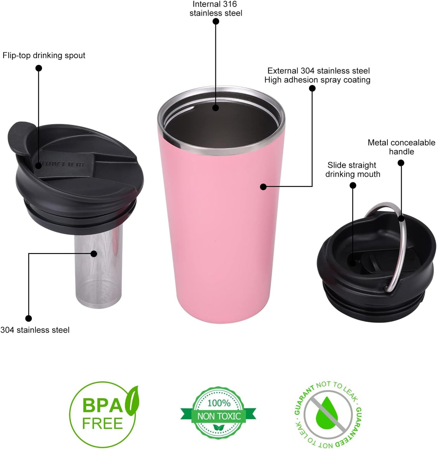 GiNT 17oz Travel Tea Mug with Infuser, 2 Lids. Vacuum Insulated 316 Stainless Steel Coffee Mug. Dishwasher Safe Tea Cup with Strainer for Hot & Cold Brew Coffee. Mothers Day Gifts for Mom (Green)