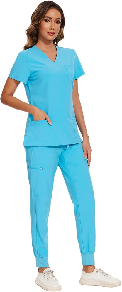 COZYFIT Scrubs for Women Set - Stretch V-Neck Scrub Top & Jogger Pant with 8 Pockets COZY SCRUBS - Colors B