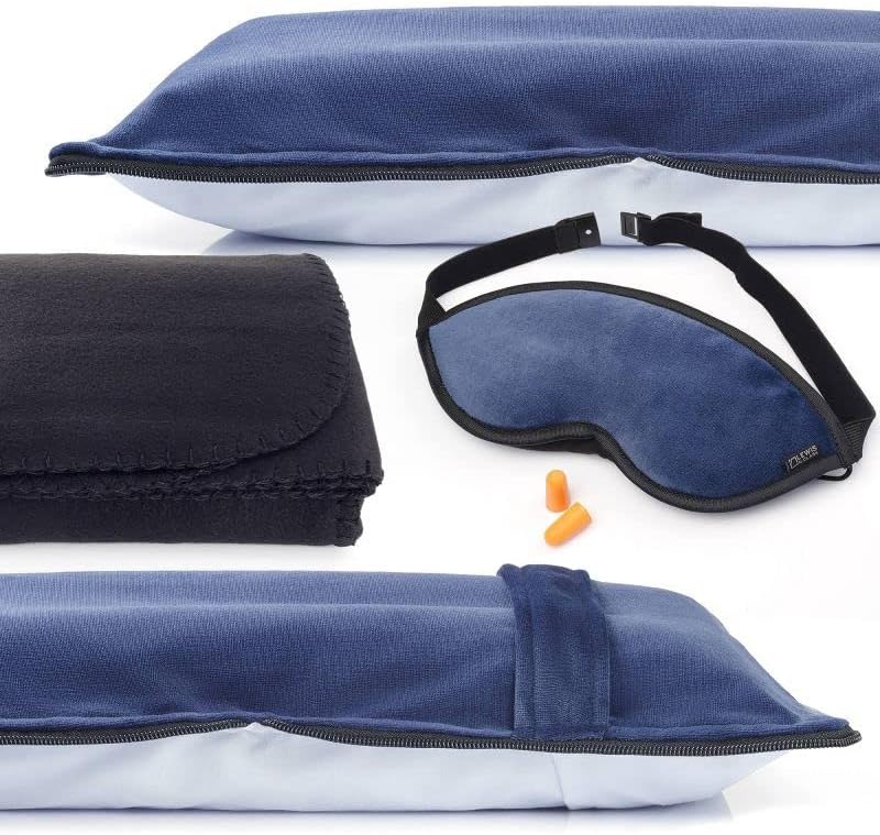 Lewis N. Clark Ultimate Comfort Set + Portable Travel Kit for Airplane, Includes Inflatable Pillow + Zippered Carrying Case, Cozy Fleece Blanket, Eye Mask for Sleeping & Foam Ear Plugs, Black