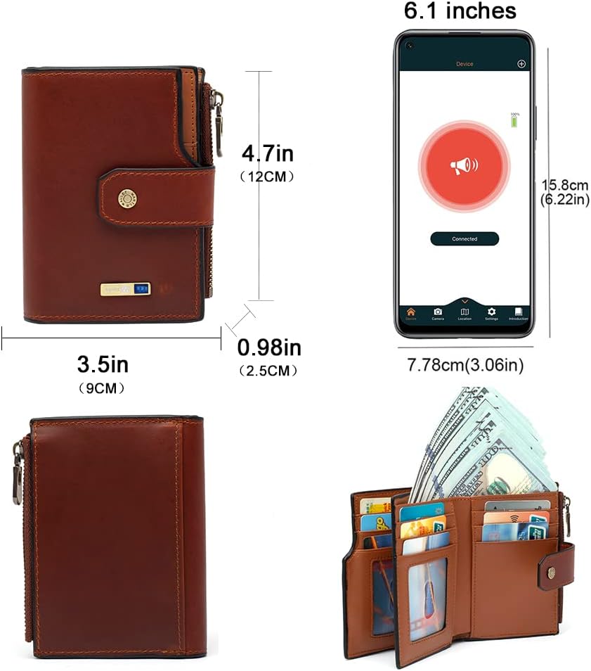 Anti-Lost Bluetooth Wallet Tracker Finder, Slim Trifold Cowhide Mens Wallet with ID Window Credit Card Holder Pocket (Coffee2-OLD)
