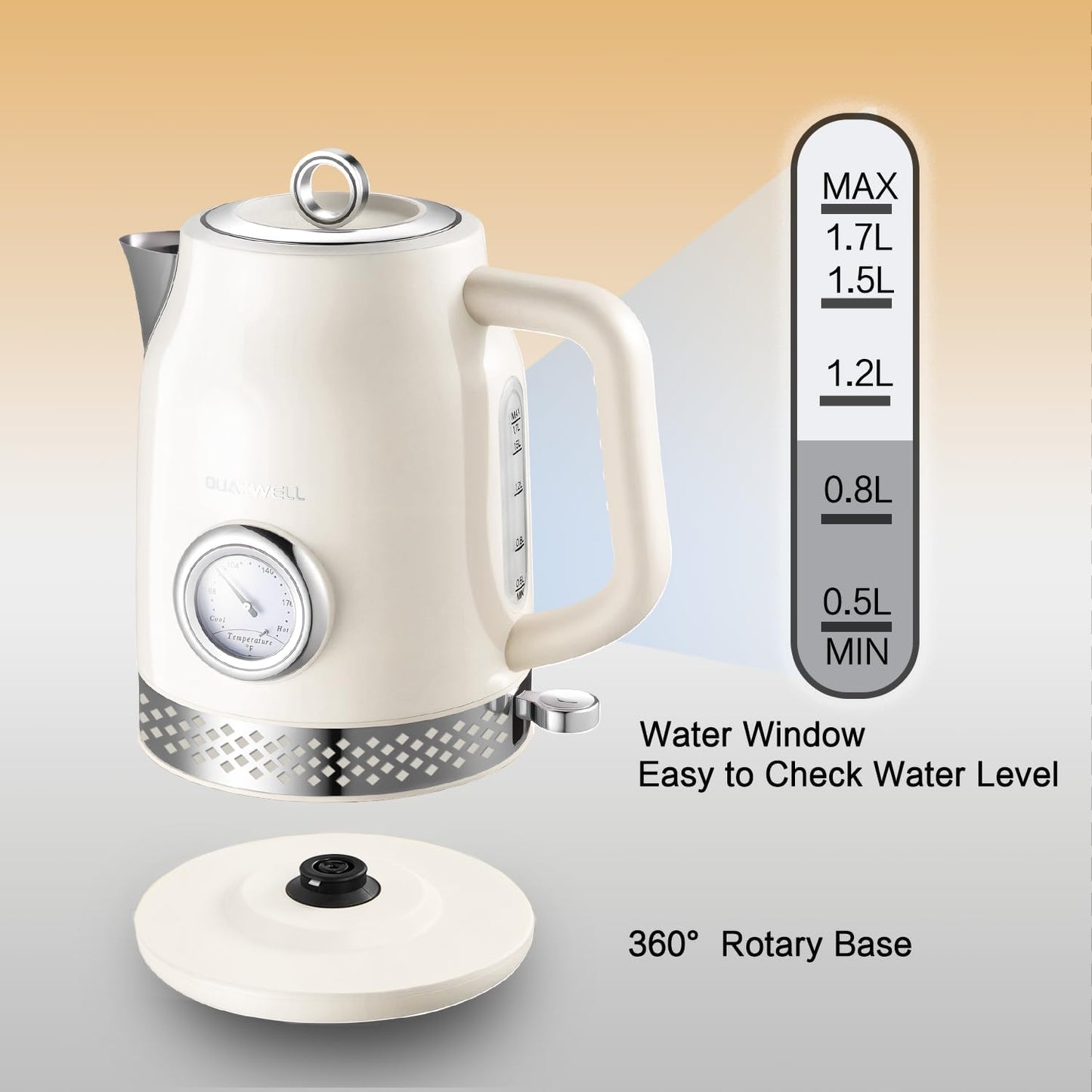 Retro Electric Kettle, 1.7L 304 Stainless Steel Tea Kettle with Temperature Gauge, 1500W Fast Boiling Water Boiler,Auto Shut-Off & Boil-Dry Protection, BPA-Free, Matte White and Gold