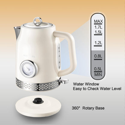 Retro Electric Tea Kettle, 1.7L, Matte White and Gold