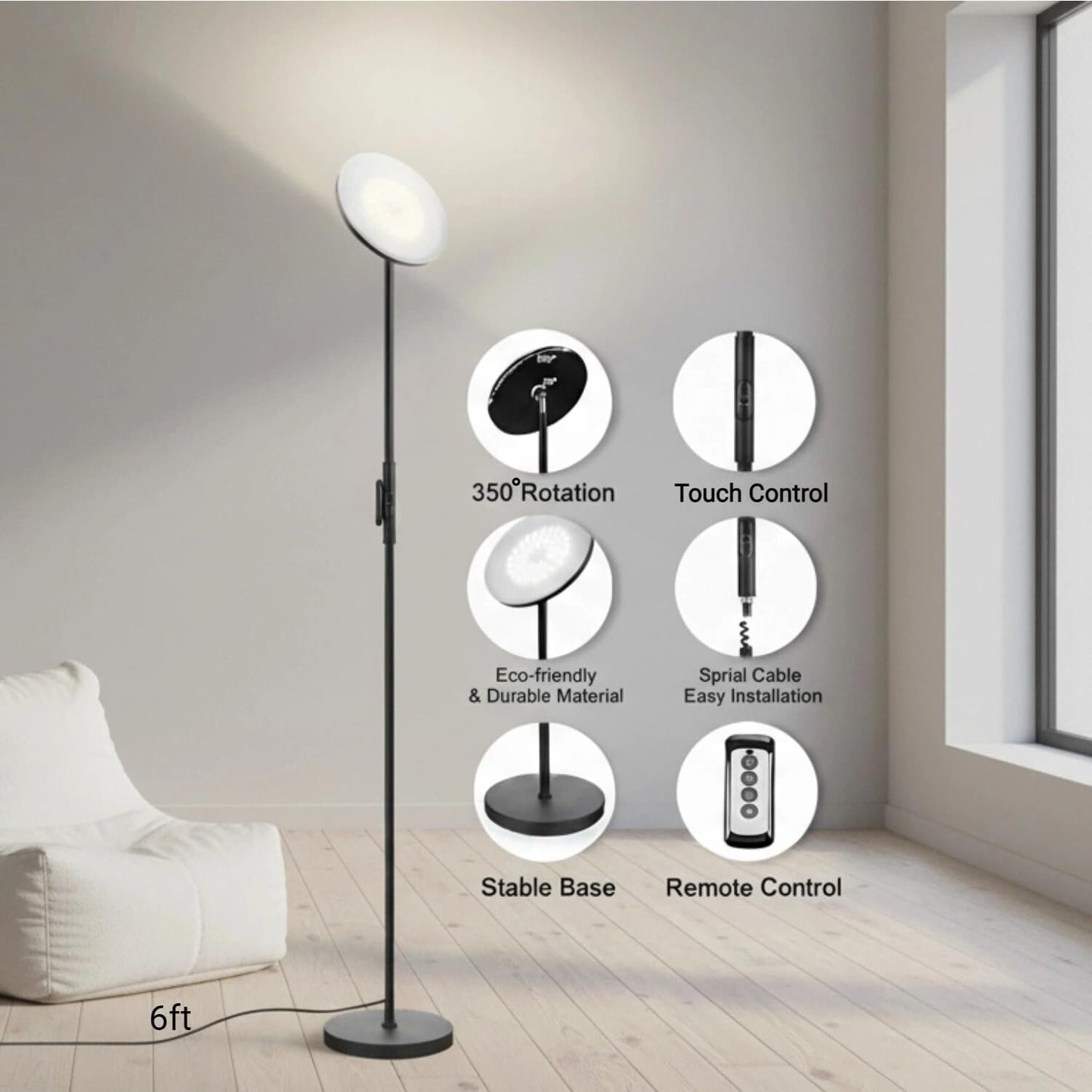JOOFO LED Torchiere Floor Lamp with Remote, Stepless Dimmable Black