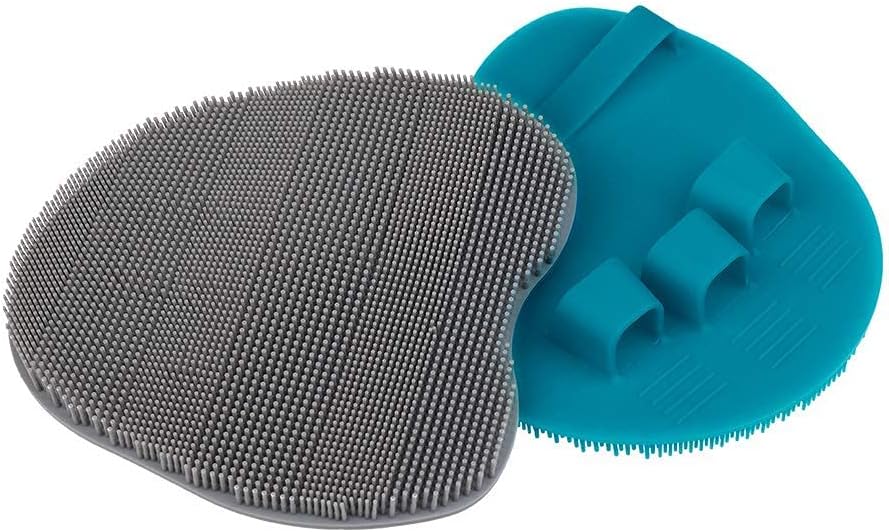 2 Pack Soft Silicone Shower Brush, Body & Face & Short Hair Wash, Bath Exfoliating Skin Massage Scrubber, Dry Skin Brushing Glove Loofah, Fit for Sensitive and All Kinds of Skin (PeonyPink+Green)