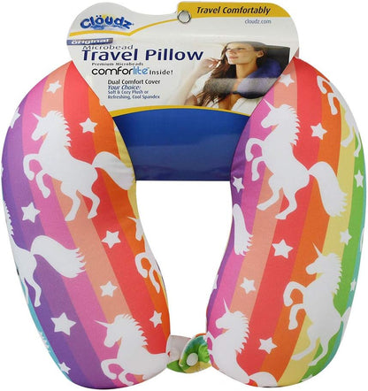 Cloudz Dual Comfort Microbead Airplane Travel Neck Pillow. Super Soft Cozy Plush Fabric on One Side, Cool Relaxing Spandex on The Other! Customize Your Comfort and Support at Home or On The Go!- Blue